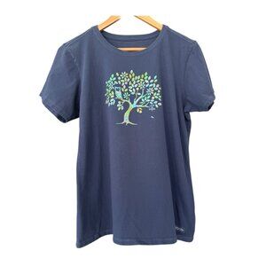 Life is Good T-Shirt Women's Large Blue Crusher Tee Owl Tree Short Sleeve